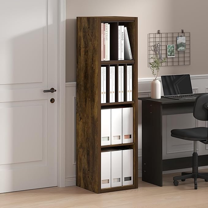 Furinno Cubicle Book Shelf, 4-Cube Vertical Thick Frame Bookshelf, Horizontally & Vertically Reversible Bookcase with Open Back, 14.6 x 15.9 x 58, for Living Room, Bedroom, Home Office, Amber Pine