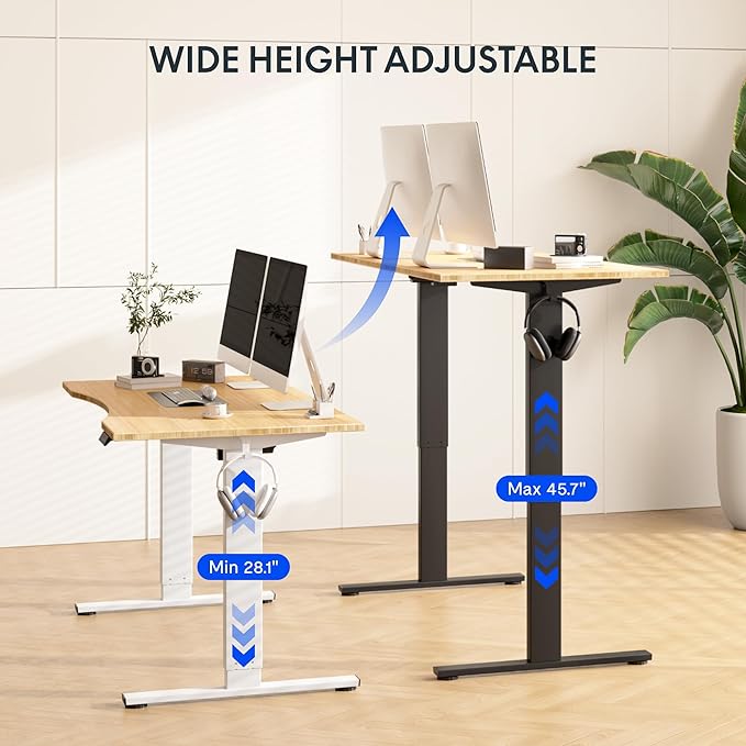 FLEXISPOT EN1 Bamboo Standing Desk, 55 x 28 Inches Whole-Piece Electric Adjustable Height Sit Stand Desk for Home Office (White Frame + Bamboo Curved Desktop, 2 Packages)