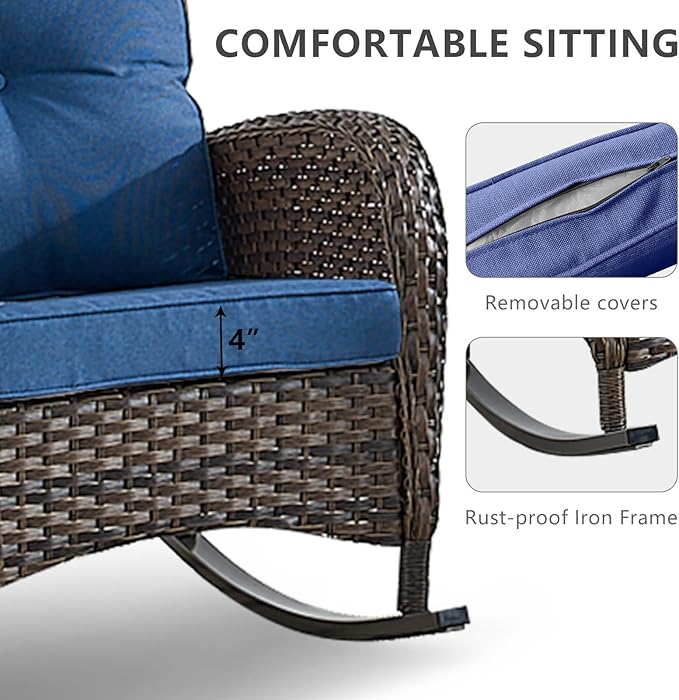 HUMMUH 5-Piece Outdoor Patio Furniture PE Wicker Patio Conversation Set,All-Weather Outdoor Rocking Chairs with Patio Couch Tables for Backyard,Poolside,Deck