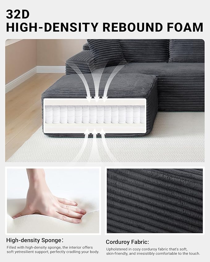 150" Oversized Modular Sectional Sofa,Deep Seat Cloud Corduroy Boneless Couch with Cup Holders,USB Ports, Wireless Charging & Storage Box,Upholstered Modular Sleeper Sofa for Living Room (Black)