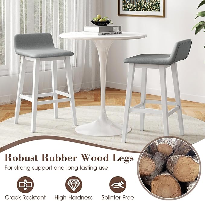 COSTWAY Wooden Bar Stools Set of 2, 29-inch Height Upholstered Padded Seat, Low Backrest, Footrest, Rubber Wood Legs, Armless Bar Chairs for Kitchen Counter Island, Dining Room, White+Gray