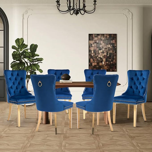 Velvet Upholstered Dining Chairs Set of 6, Modern Style Kitchen Side Chairs with Nailhead Trim and Gold Plated Leg, Metal Pulling Ring for Dining Room Living Room(Blue-Gold Plated Leg)
