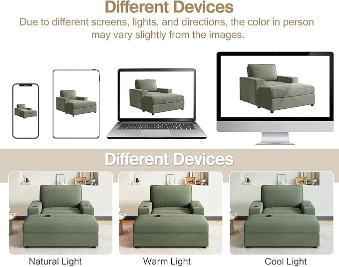 Christopher Knight Home Zoe Oversized Chaise Lounge Chair Indoor with Cup Holders & USB Charging Port, Corduroy Upholstered Sofa Bed + Ottoman with Storage, Comfy Deep Seat Sleeper Sofa Chair, Green