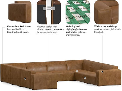 SIMPLIHOME Rex U-Shaped Sectional Modular Sofa in Full-Grain Genuine Leather, Caramel Brown, 144-inches Wide, Handcrafted Modern-Style Large Leather Couch for Living Room