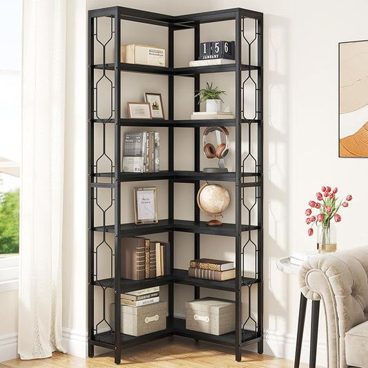 Tribesigns Corner Shelf, 7-Tier Industrial Corner Bookshelf, Wood and Metal Corner Etagere Bookcase, Freestanding Display Shelf for Living Room, Kitchen, Home Office, Black