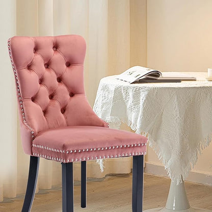 Velvet Upholstered Dining Chairs Set of 2, Modern Style Kitchen Side Chairs with Nailhead Trim and Wood Legs,Metal Pulling Ring for Dining Room Living Room(Pink,Set of 2)
