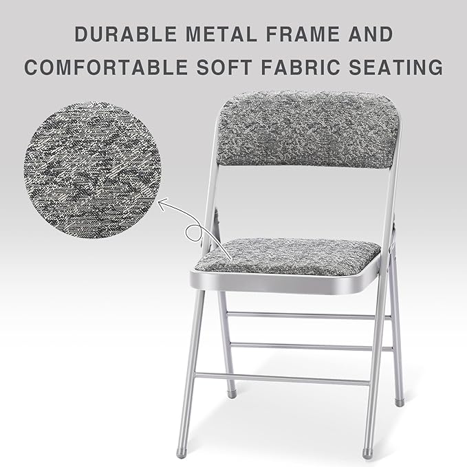 cyclone sound 4 Pack Folding Chairs with Fabric Padded Cushion and Back, Commercial Grade Metal Chairs with Fabric Cushion for Home and Office, for Indoor and Outdoor Events (4, Gray-Fabric)
