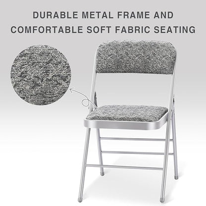cyclone sound 4 Pack Folding Chairs with Fabric Padded Cushion and Back, Commercial Grade Metal Chairs with Fabric Cushion for Home and Office, for Indoor and Outdoor Events (4, Gray-Fabric)