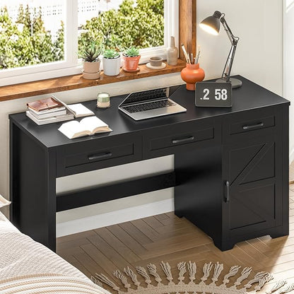 Farmhouse 59" Executive Desk,Computer Desk with 3 Drawers and Storage Cabinet,Workspace for Home Office and Study. Pure Black