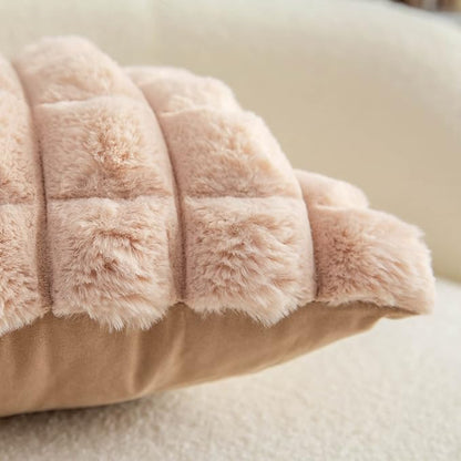 Neelvin Camel Faux Fur Cozy Soft Plaid Decorative Throw Pillow Covers 22x22 inch Set of 2,Velvet Pillowcase Cushion Case for Sofa Couch
