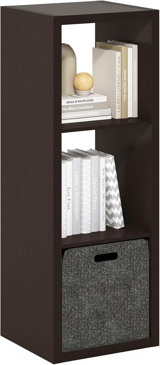 Furinno Cubicle Book Shelf, 3-Cube Thick Frame Bookshelf, Horizontally & Vertically Reversible Bookcase with Open Back, 14.6 x 15.9 x 44, for Living Room, Bedroom, Home Office, Black Dark Oak