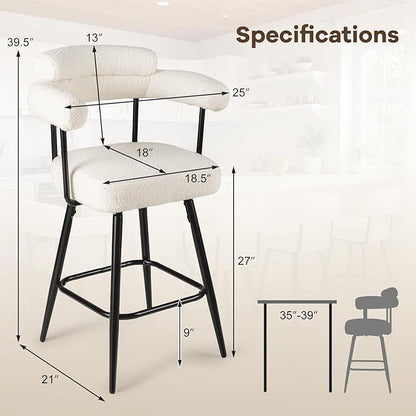 COSTWAY Counter Height Bar Stools Set of 2, 27" Swivel Modern Upholstered Counter Chairs with Boucle Fabric, Curved Backrests & Metal Legs, for Kitchen Island, Home, Pub (2, White + Black)