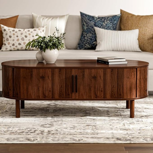 Coffee Table for Living Room, Modern Oval Coffee Table with Cabinets & Sliding Doors, Home Small Space, 47.2" Fluted Center Table, Walnut