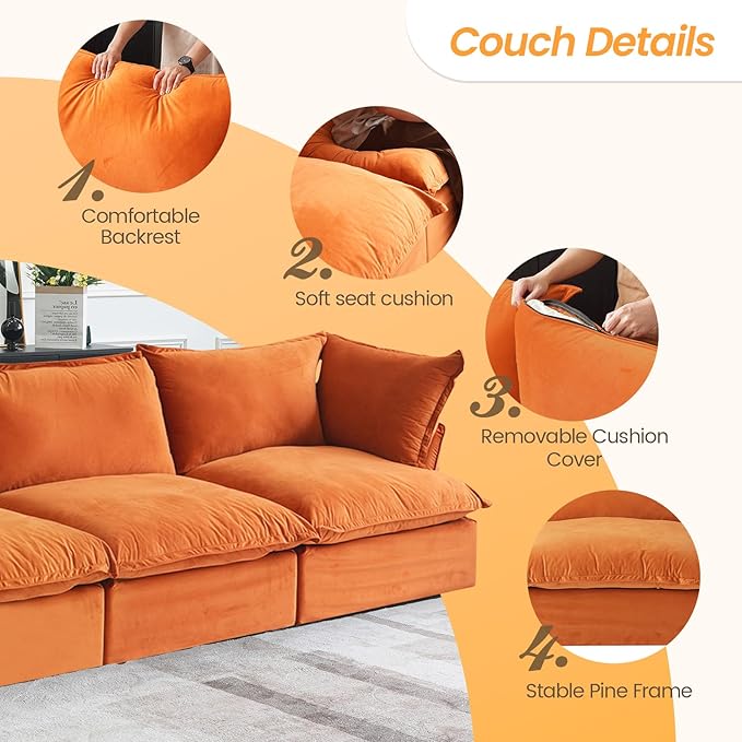 JACH 122.82" Cloud Sectional Couch for Living Room, Modular 3 Seater Sofas, Convertible Sectional Couches, Cushion Covers Removable, Two Corners and One Middle Sofa for Living Room (Orange)