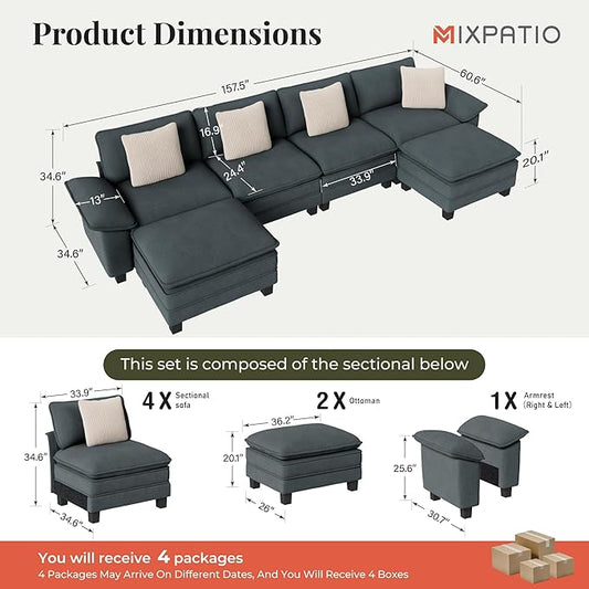157-Inch U Shaped Sectional Sofa with Cloud Cushions, Deep Seat Modular Couch Set w/ 6 Seats & 2 Ottomans, Removable Arms, Plush Chenille Upholstery for Living Room, Apartment - Cyan