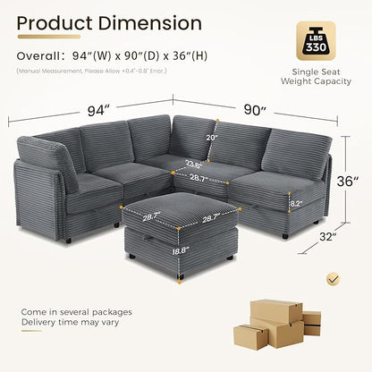 KKL Modular Sectional Sofa V-Shaped 6 Seater Couch with Storage Ottoman, Convertible L/J-Shaped Couch and Sofa Bed Plush Wide-Wale Corduroy for Living Room, Apartment, Modern Design, Gray