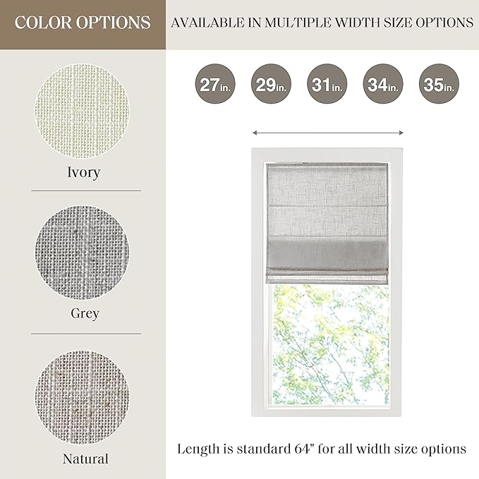 Madison Park Kyler Cordless Roman Shades - Single Panel, Lightweight Linen Blend Fabric, Natural Design, Easy Installation, Light Filtering Window Blind, Bedroom, Living Room Decor 27" W x 64" H Grey