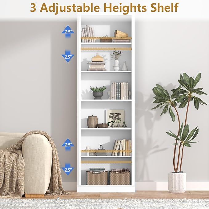 75" Tall Bookshelf & Bookcase Set of 2, 6-Tier Adjustable Storage Shelves, Book Shelf with Anti-Tipping Device, Floor Standing Modern Display Rack for Living Room, Bedroom, Office, White