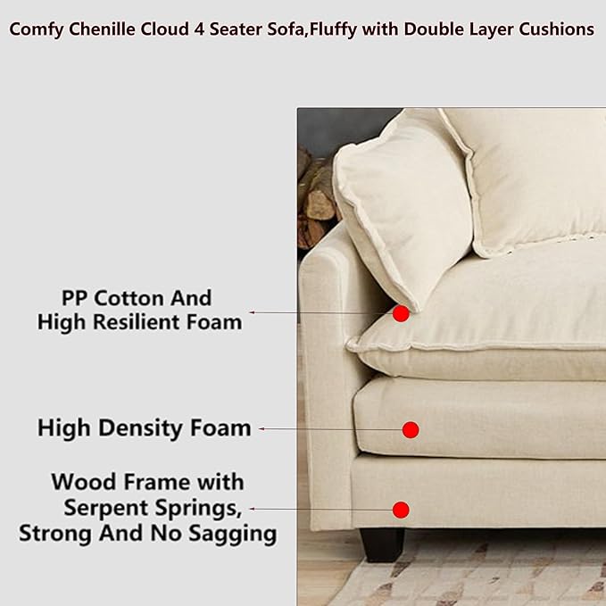 Aoowow Modular Sectional 4 Seater Cloud Sofa Couch for Living Room,149.6" Cloud Sofas with Deep Seat,Modern Chenille 4 Seat Sofas,Fluffy Cloud Couches for Bedroom,Office,Hotel (Beige, 4 Seater)