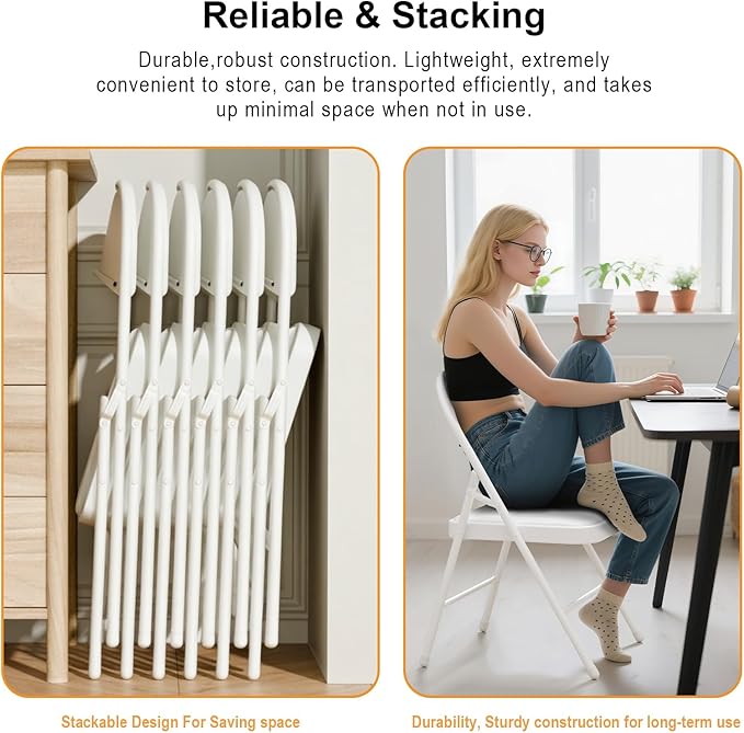 12 Pack White Folding Chairs with Padded Cushion and Back, Portable Stackable Commercial Metal Foldable Chairs with Steel Frame for Home Events Office Wedding Party, 350lbs Capacity