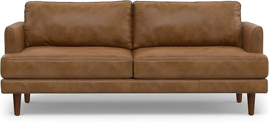 SIMPLIHOME Livingston 76-inch Wide Sofa in Caramel Brown Top Grain Genuine Leather, Handcrafted Mid-Century Modern Loveseat for Living Room, Compact 2-Seater with Feather-Wrapped Cushions