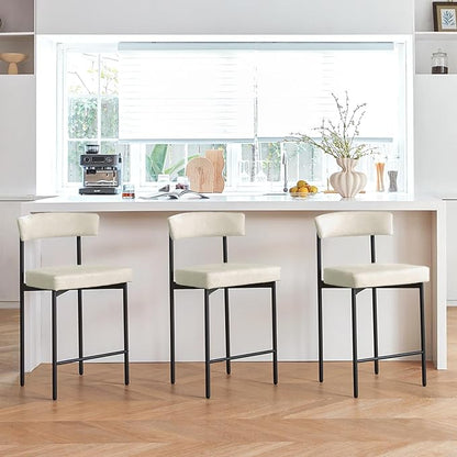 Beige Modern Bar Stools Set of 3, 24 Inch Faux Leather Counter Stools with Curved Backrest, Counter Height Bar Stool for Kitchen Island
