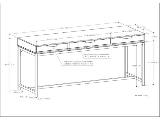 SIMPLIHOME Banting Desk - 72-Inch Wide Solid Hardwood and Metal Writing Desk in Walnut Brown, Modern Industrial Home Office Computer Table for Study with 2 Drawers and Flip-Down Keyboard Tray