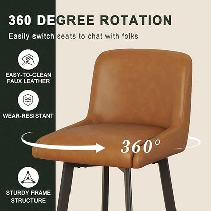 Swivel Counter Height Bar Stools Set of 2, 30''H Upholstered Barstools with Backs, Modern Bar Stool Chairs for Kitchen Island, Metal Legs, Faux Leather, Whiskey Brown Stools Counter Chair