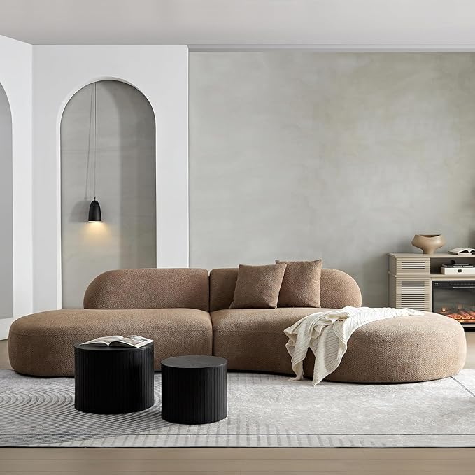 135.4" Curved Sofa Couch Modern Oversized 6-Seat Round Boucle Sectional Sofa Couch with Pillows for Living Room Apartment Furniture,No Assembly Needed(Camel+Right-Facing)