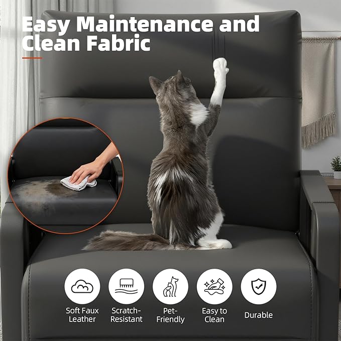 Upholstered Accent Chair, Modern Faux Leather Sofa Chair with Foldable Side Tray Table & Storage Pocket, Small Accent Sofa for Living Room, Bedroom, Reception Room, Black