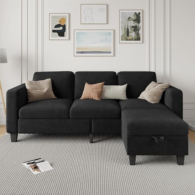 Sectional Sofa Couches for Living Room - 78''Convertible Modular Three-Seater L-Shaped Pet-Friendly Couch,Washable Sofa Cover-Bench Storage, Suitable for Small Living Room, Apartment,Office-Black