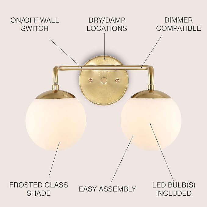 JONATHAN Y JYL3535A Louis Parisian Globe 15" 2-Light Metal/Frosted Glass Modern Contemporary LED Vanity Midcentury Glam 2700K LED 4W Bulbs Entryway Lobby Kitchen Bathroom Bedroom Hallway, Brass Gold