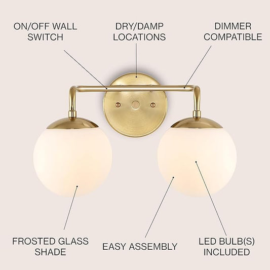 JONATHAN Y JYL3535A Louis Parisian Globe 15" 2-Light Metal/Frosted Glass Modern Contemporary LED Vanity Midcentury Glam 2700K LED 4W Bulbs Entryway Lobby Kitchen Bathroom Bedroom Hallway, Brass Gold
