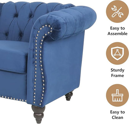 Velvet Loveseat Sofa, Mid Century Modern Upholstered Couch, 62" Oversized Comfy 2 Seater Love Seat Couch with Cushions, Tufted Chesterfield Sofa for Living Room, Bedroom, Apartment (Blue)