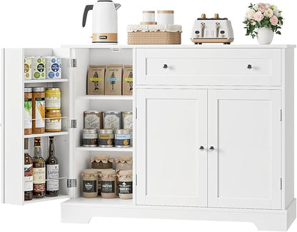HOSTACK Buffet Cabinet with Storage, Modern Sideboard Buffet with Doors, Wood Coffee Bar Kitchen Storage Cabinet with Drawer and Adjustable Shelf for Kitchen, Dining Room, Living Room, White