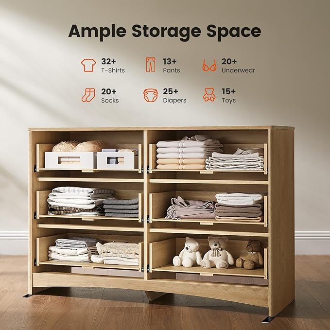 Amada Modern 6 Drawer Dresser, Fluted Wood Chest of Drawers with Rounded Corners, Pre-Installed Drawer Slides, Dresser TV Stand and Storage Organizer for Bedroom, Hallway, Natural Oak