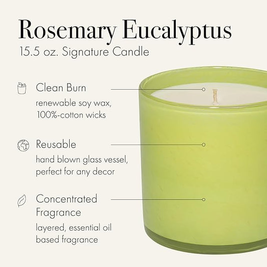 LAFCO New York Signature Candle, Rosemary Eucalyptus - 15.5 oz - 90-Hour Burn Time - Reusable, Hand Blown Glass Vessel - Made in The USA