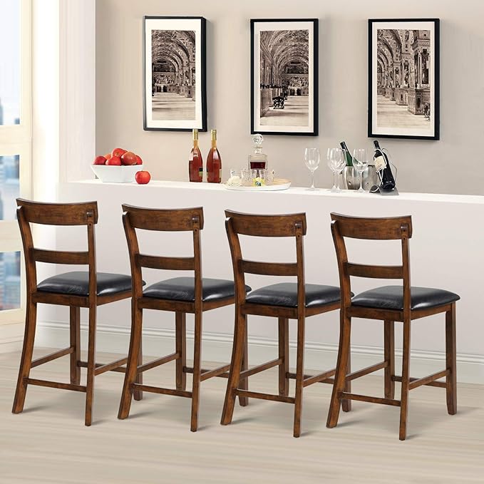 COSTWAY Counter Height Bar Stools Set of 2, 25.5 Inch Mid Century Modern Wooden High-top Chairs with Backrest, Rubber Wood Legs, Faux Leather Seat, Farmhouse Barstools for Kitchen Island, Pubs