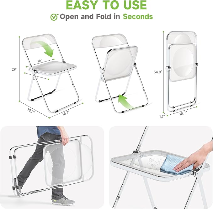 Real Relax Acrylic Folding Chairs,Foldable & Stackable Clear Chairs with Metal Chrome Frame, Indoor and Outdoor, for Home, Office, Party & Events,Set of 2,350LB,Transparent