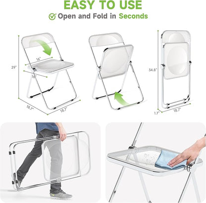 Real Relax Acrylic Folding Chairs,Foldable & Stackable Clear Chairs with Metal Chrome Frame, Indoor and Outdoor, for Home, Office, Party & Events,Set of 6,350LB,Transparent
