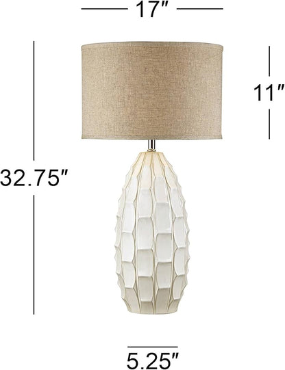 Possini Euro Design Cosgrove Mid Century Modern Coastal Table Lamp 32.75" Tall Ceramic White Handcrafted Beige Fabric Drum Shade Decor for Living Room Bedroom House Bedside Home (Colors May Vary)