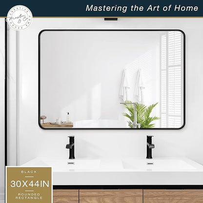 MCS Master & Co. Modern Metal Large Wall Mirror, Minimalist Home Decor Rectangle Mirror with Rounded Corners for Living Room, Bedroom, or Bathroom, 30 by 44 Inch, Black