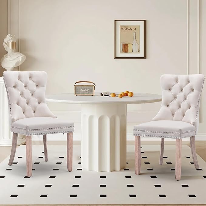 Velvet Upholstered Dining Chairs Set of 2, Modern Style Kitchen Side Chairs with Nailhead Trim and Wood Legs,Metal Pulling Ring for Dining Room Living Room(Beige,Set of 2)