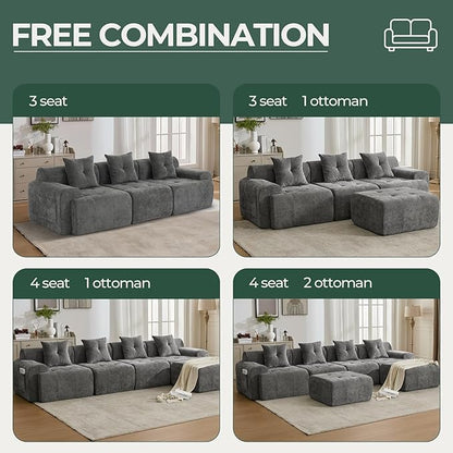129.23”Modular Sectional Couch for Living Room, Modren L-Shape Cloud Sectional 4-Seater Sofa with 2 Movable Ottomans, Woven Texture Upholstery Boneless Couch, No Assembly, Grey