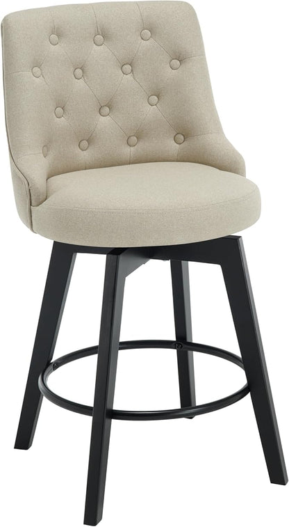 MINCETA Set of 2 Upholstered Bar Stools - 26 Inch Swivel Counter Height Stools with Low Tufted Back, Footrest & Performance Fabric - Khaki Round Seat for Kitchen Island & Home Bar