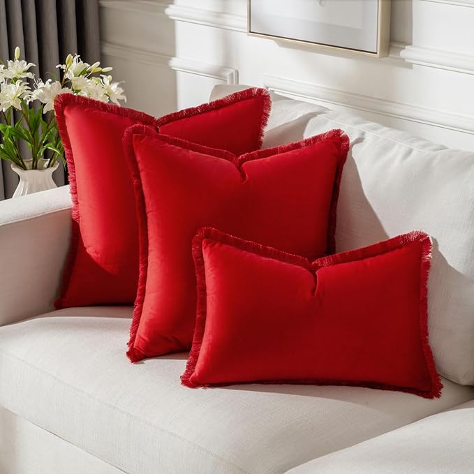 FUTEI Christmas Red Velvet Decorative Throw Pillow Covers 22x22 Set of 2,Soft Cozy Edge with Tassels Cushion Case,Boho Modern Home Decor for Couch Bed Living Room