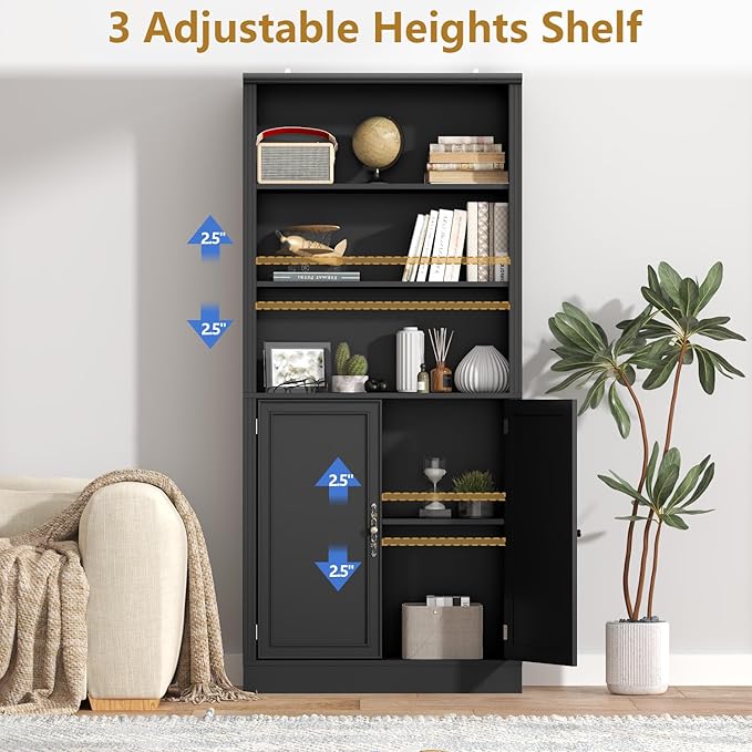72'' Tall Bookcase with Doors, Adjustable Shelves, P2 MDF Construction, 32'' Wide Freestanding Cabinet with Metal Handles, Hidden Storage for Living Room, Bedroom, Black