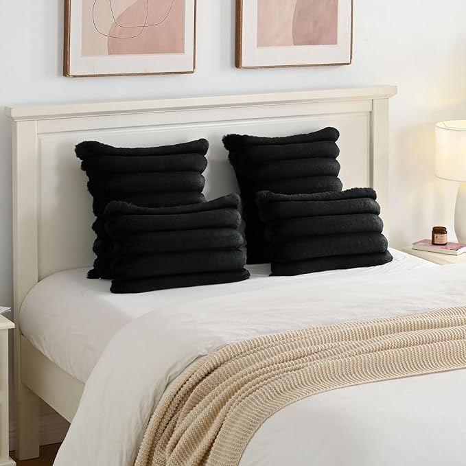FUTEI Black Decorative Throw Pillow Covers 20x20 Inch Set of 2, Square Soft Faux Rabbit Fur Thick Striped Cushion Cover,Winter Home Decor for Couch Bed Living Room