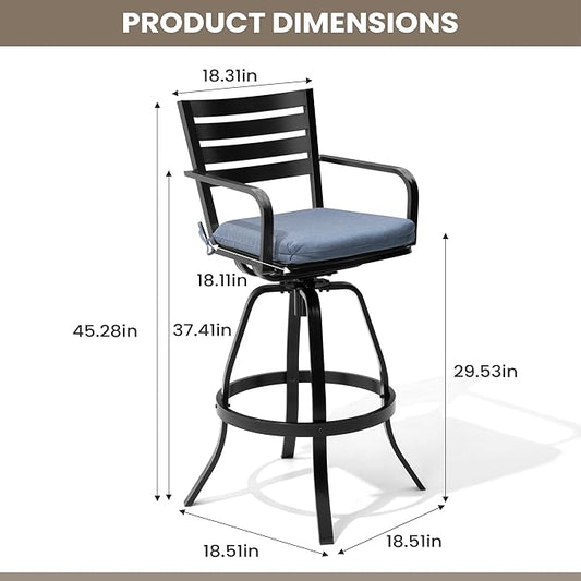 Pellebant 29.5" Outdoor Bar Stools Set of 2, Rust-Proof Aluminum Swivel Patio Chairs Bar Height with Back & Footrest, Tall Metal Barstools for Outside Deck Lawn Garden, Spectrum Denim