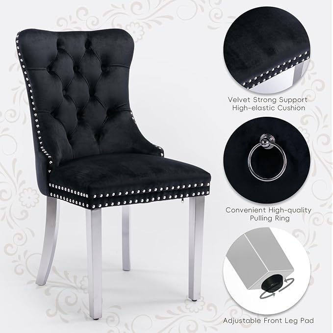 Velvet Upholstered Dining Chairs Set of 4, Modern Style Kitchen Side Chairs with Nailhead Trim and Silver Plated Leg, Metal Pulling Ring for Dining Room Living Room(Black, Set of 4)